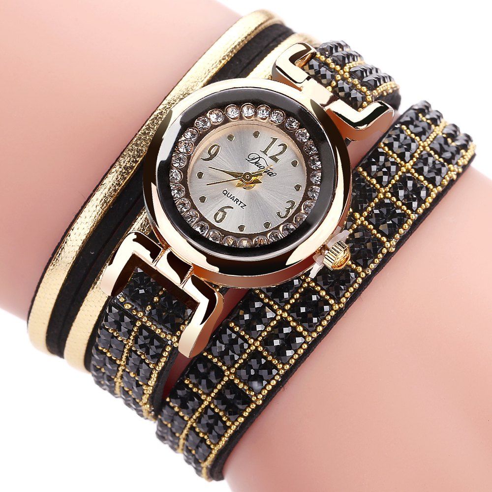 

DUOYA D187 Women Leather Wrap Rhinestones Quartz Bracelet Wrist Watch, Black