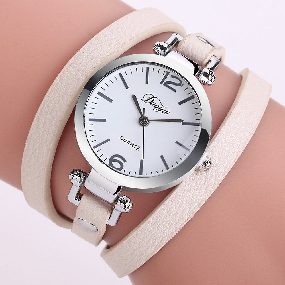 

DUOYA D184 Simple Leather Strap Wrap Bracelet Wrist Watch for Women, Beige
