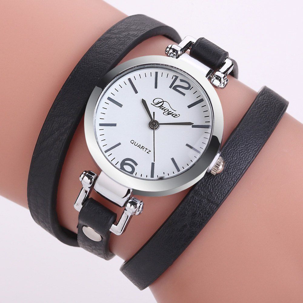 

DUOYA D184 Simple Leather Strap Wrap Bracelet Wrist Watch for Women, Black