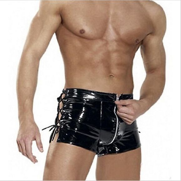 Shorts de vinyle en cuir à fermeture à glissière de taille basse de l'homme Punk pantalons courts sexy - Noir L