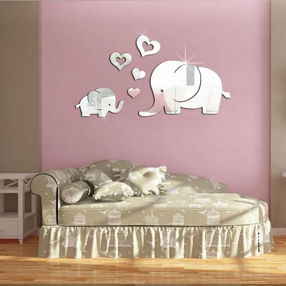 Autocollant Mural Décorative Acrylique Effet Mirroir Eléphant et Coeur 3D - Argent 