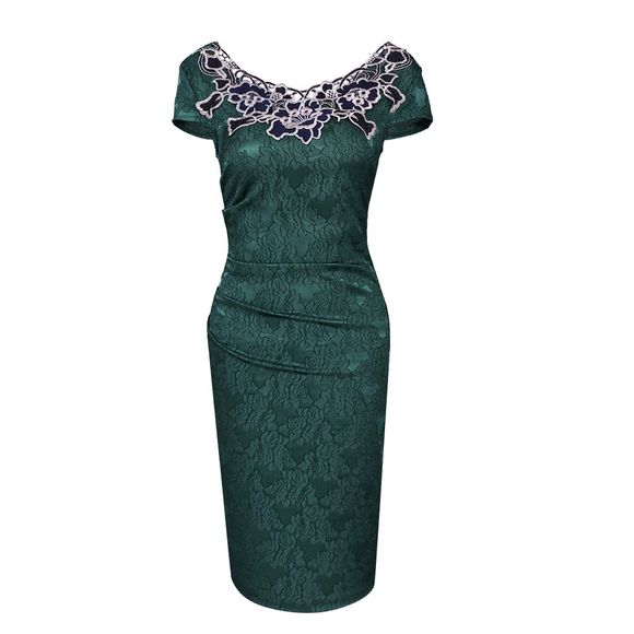 Vente chaude élégante femme voir à travers évider dentelle florale manches courtes travail Business Pencil Bodycon gaine robe de soirée - Vert XL