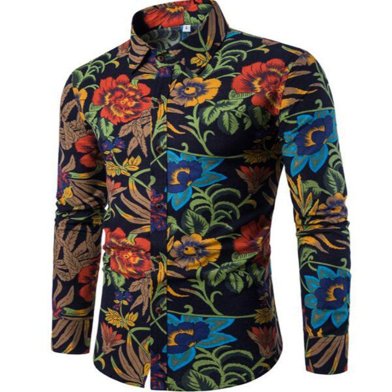 

New Spring Tide Individuality Flower Printed Mens Long Sleeve Shirt CS09, Black