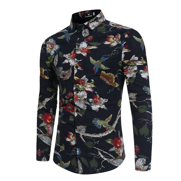 Printemps nouvelle fleur et motif d'oiseaux impression hommes à manches longues chemise CS07 - Noir 2XL