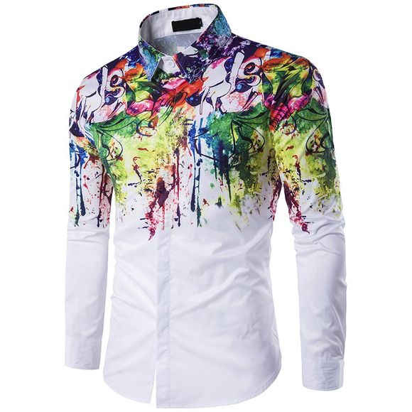 Nouveau Mens chemise à manches longues fleurs de revers éclaboussé peinture à l'encre C216 - Blanc M