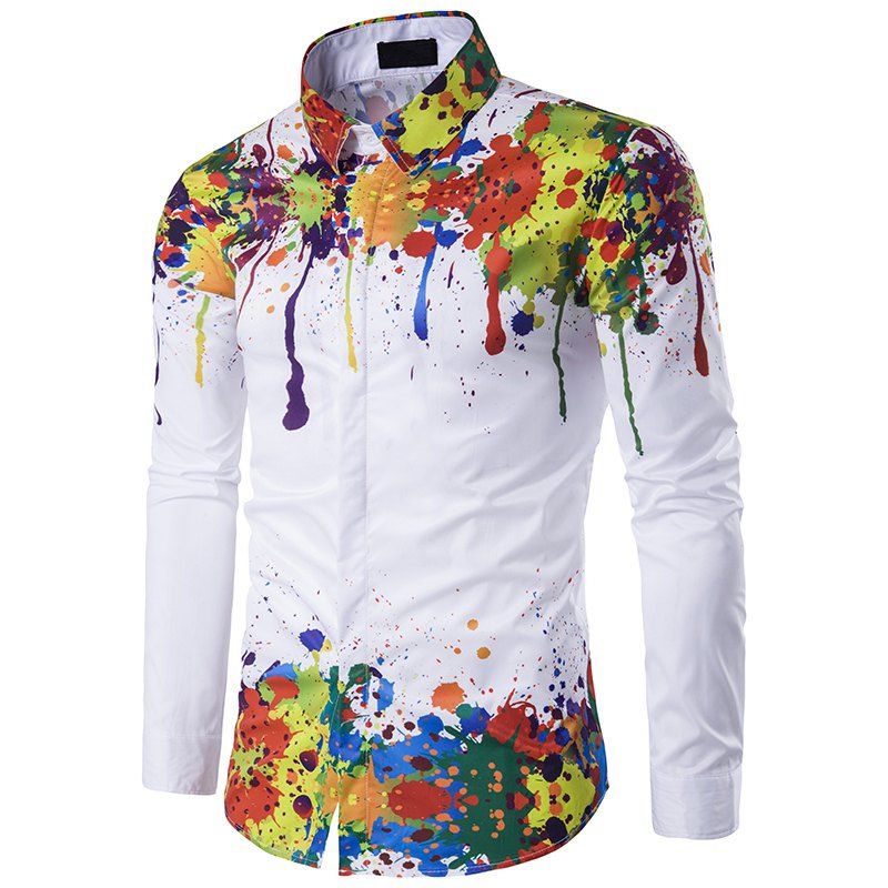 

Men'S Fashion Shoulder Hem 3D Long Sleeve Shirt printing InkC198, White