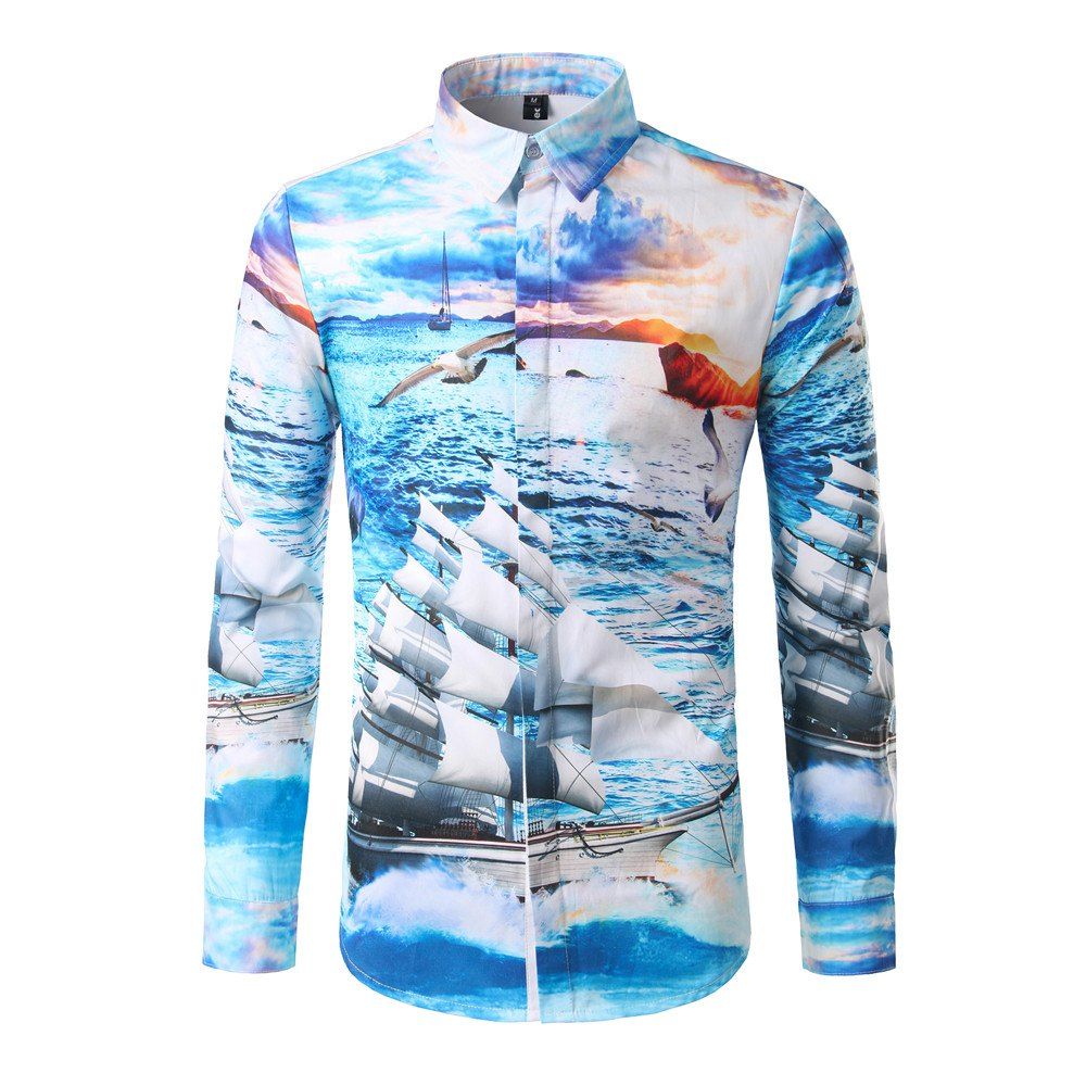 

Man Holiday Fashion Sea Sailboat Digital Print Long Sleeved Shirt DC301, Blue