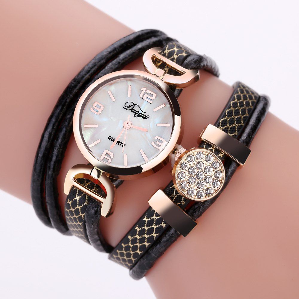 

DUOYA D172 Women Round Quartz Bracelet Watch with Diamond, Black