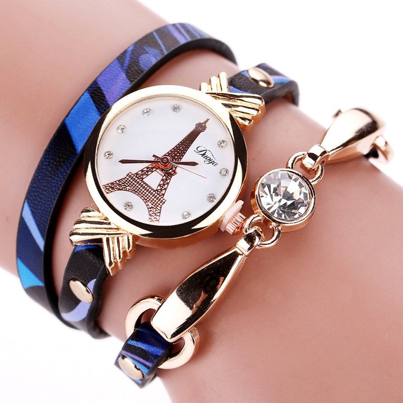 

DUOYA D068 Fashion Ladies Watch Tower Dial Gemstone Leather Belt Dress Watch, Blue