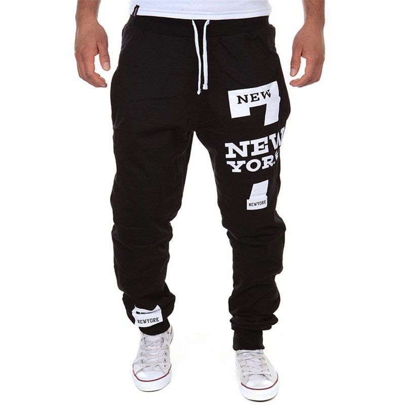 

Men's Fashion Trousers Drawstring Design Print Casual Sports Pants, Black