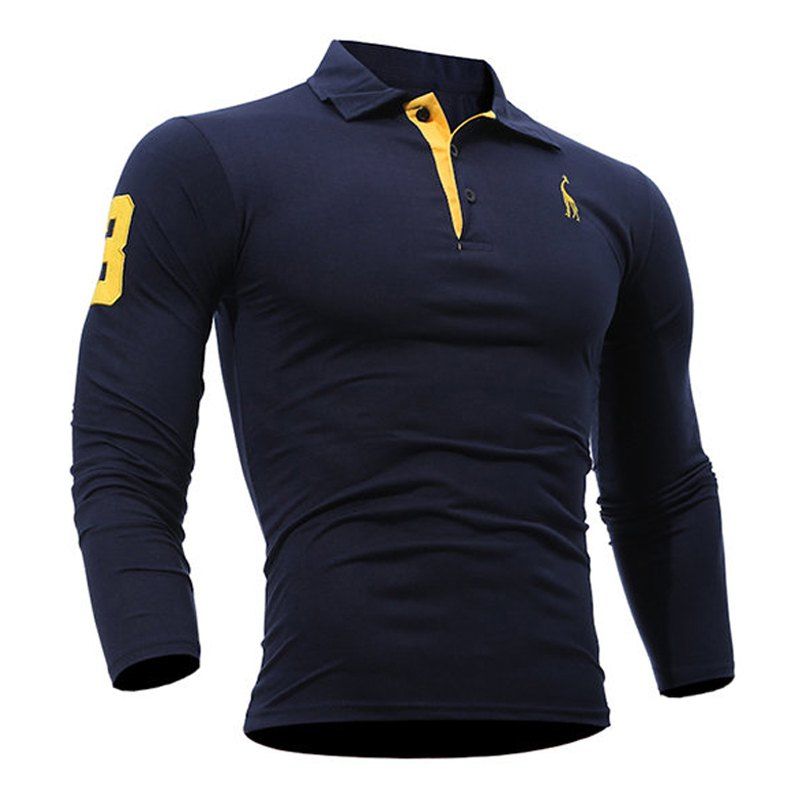 

Fashion Deer Embroidery Polo Shirt Turndown Collar Long Sleeve Spring Fall Casual T-Shirt, Cadetblue