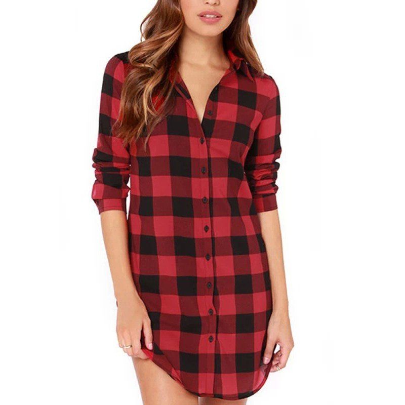 

Print Plaid Long Sleeve All Match Shirt, Red