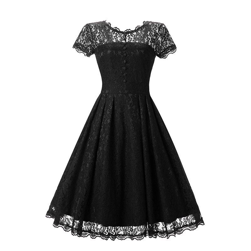 

Round Neck Lace Vintage Dress, Black