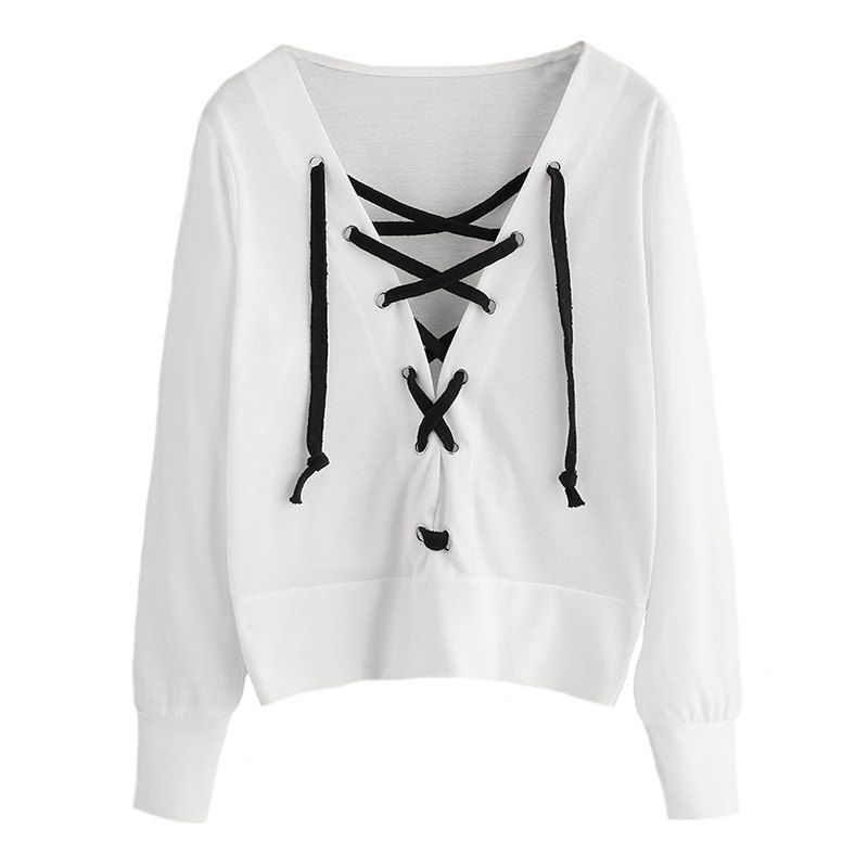 

Women's Sexy V-Neck Chest Strap Long-Sleeved Sweatshirt, White