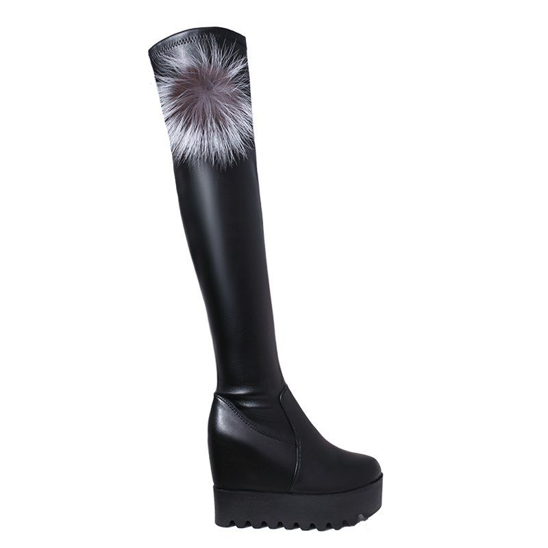 

Lady Casual Trend for Fashion Over Knee Fur Ball Warm Winter Leather High Heel Boots, Black