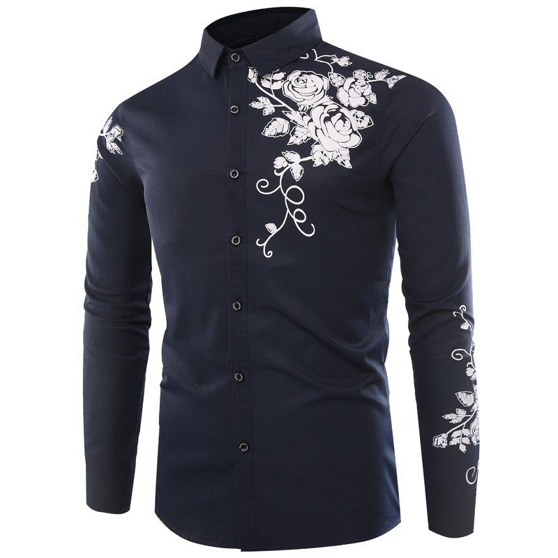 

Male Rose Printed Long Sleeved Shirt, Cadetblue