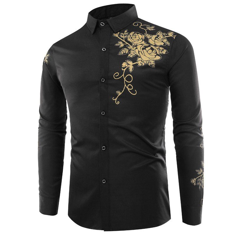 

Male Rose Printed Long Sleeved Shirt, Black