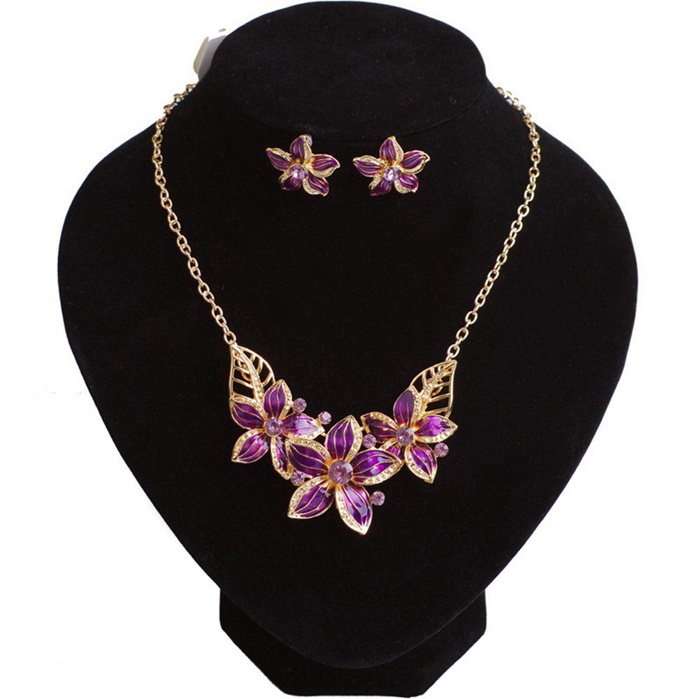 

Women Girls Diamond Flower Pendant Necklace with Earrings Jewelry Set Birthday Gifts, Purple