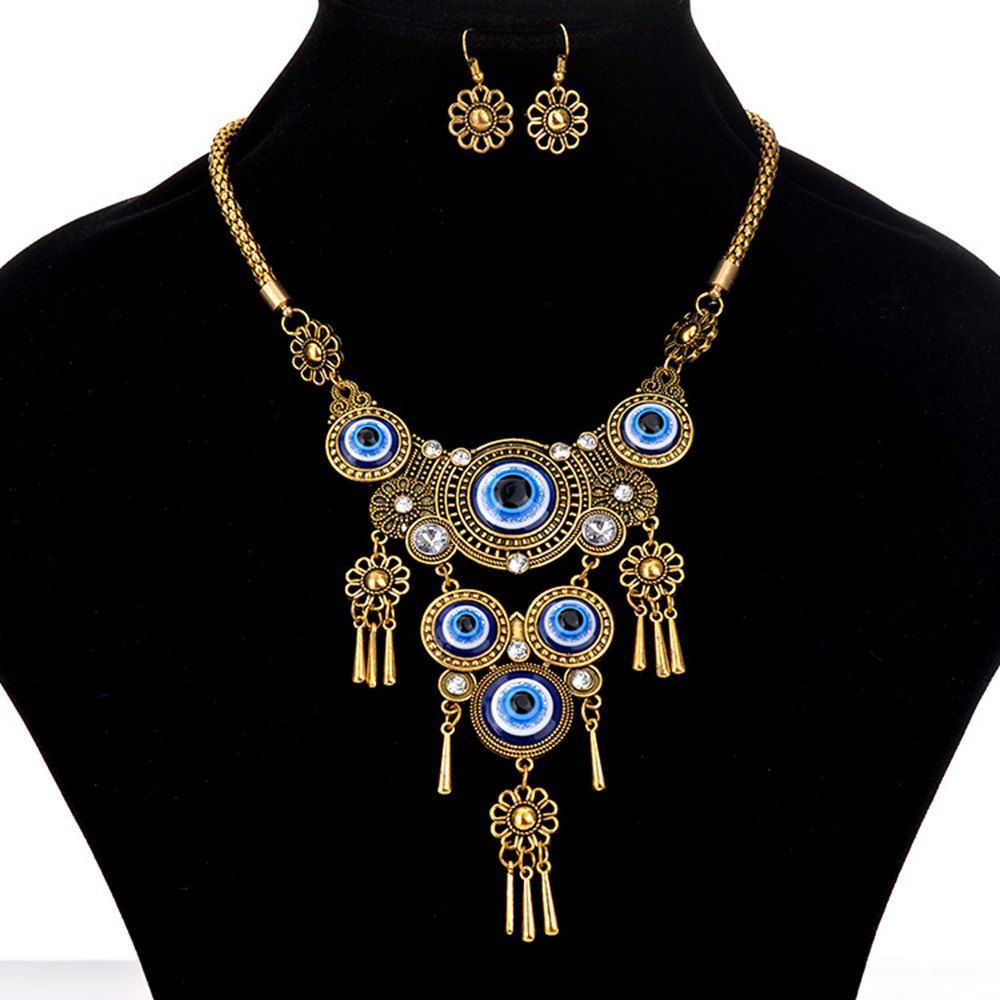 

Women Girls Vintage Big Blue Eyes Pendants Metal Choker Fashion Necklace Earrings Jewelry Set, Golden