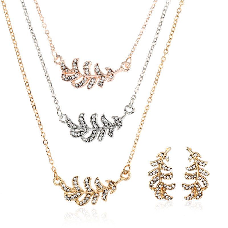 

5PCS Fashion Leaf Studded Earrings Necklace Set, Golden