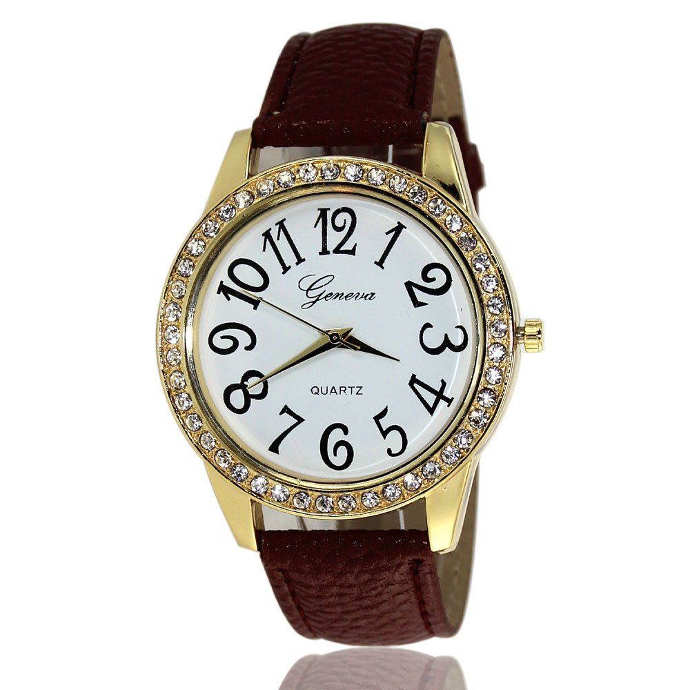 

Fashionable Women'S Watches Roman-Style Diamonds Watch Embossed Strap with Gift Box, Mocha