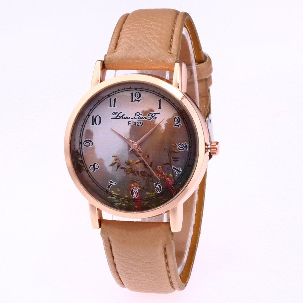 

ZhouLianFa New Trend of The Golden Dial Lycra Pattern Leather Mountain Figure Quartz Watch with Gift Box, Beige