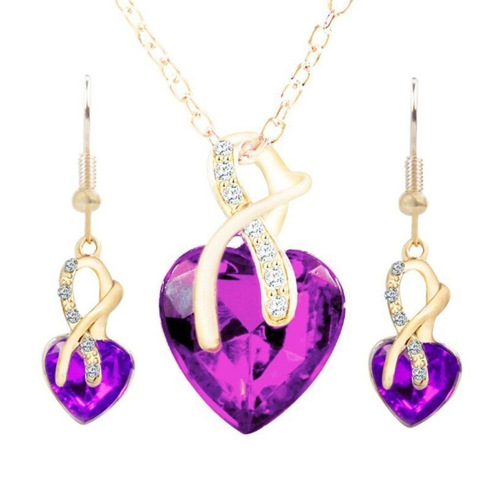 

wedding jewelry Gold Plated Jewelry Sets For Women Crystal Heart Necklace Earrings Jewellery Wedding Accessories, Purple