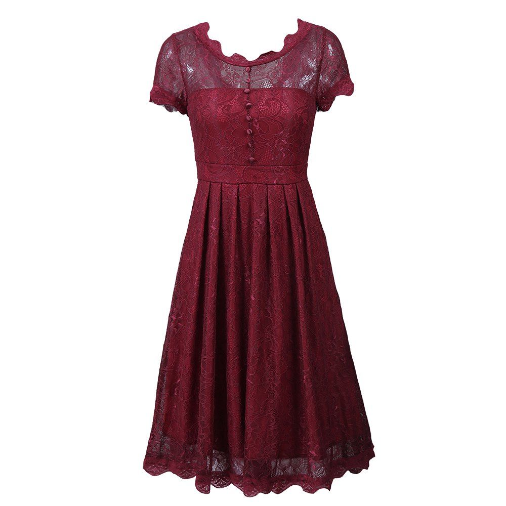 

High Quality Vintage Tunic Lace Female Robe Casual 1950s Rockabilly Short Cap Sleeve V-Back Swing Summer A-Line Dresses, Wine red