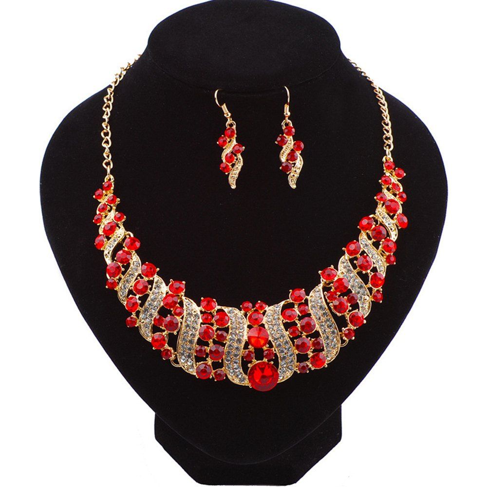 

Women Luxury Diamond Necklace Earrings Jewelry Set Fashion Choker Gifts, Red