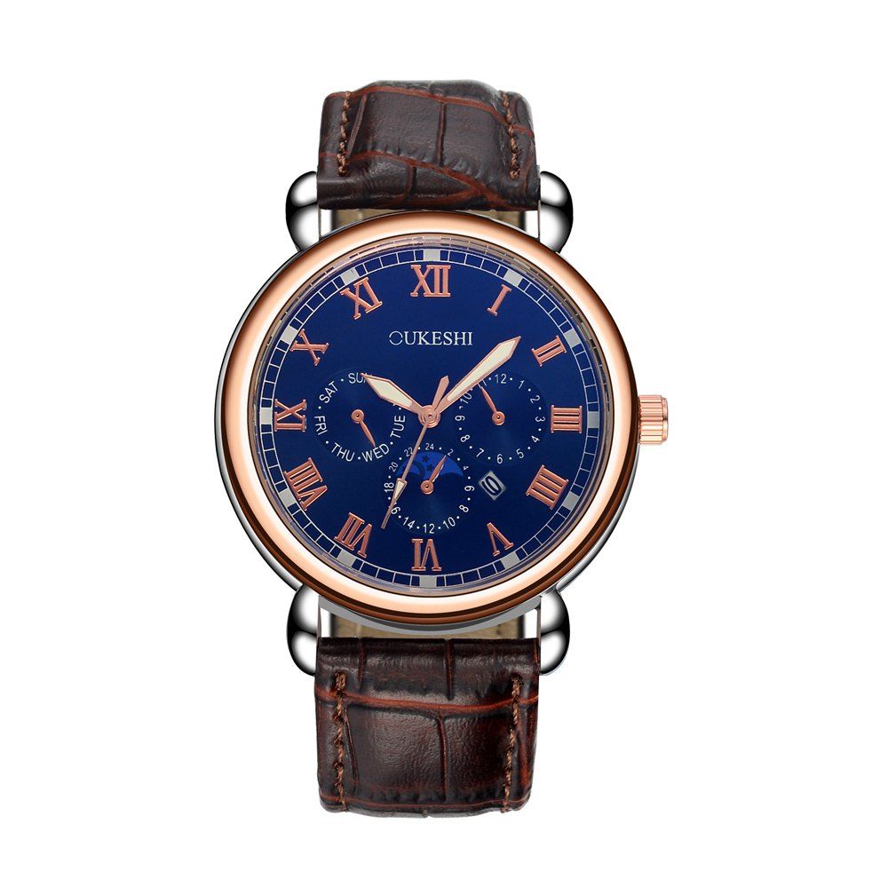 

OUKESHI Luxury Men Business Quartz Leather Calendar Waterproof Wristwatch, Brown + blue