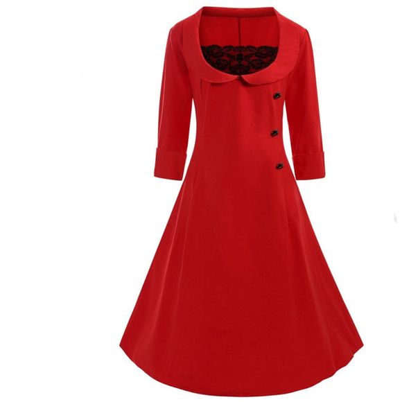 Robe de couture en dentelle printemps et en automne - Rouge 3XL