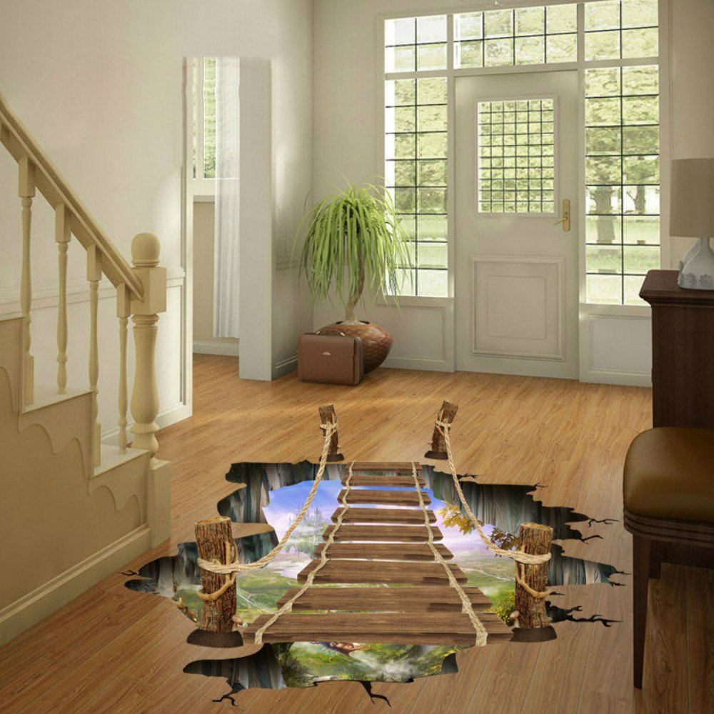 

3D Drawbridge Floor Stickers For Kids Rooms Decals Home Decor Landscape, Brown