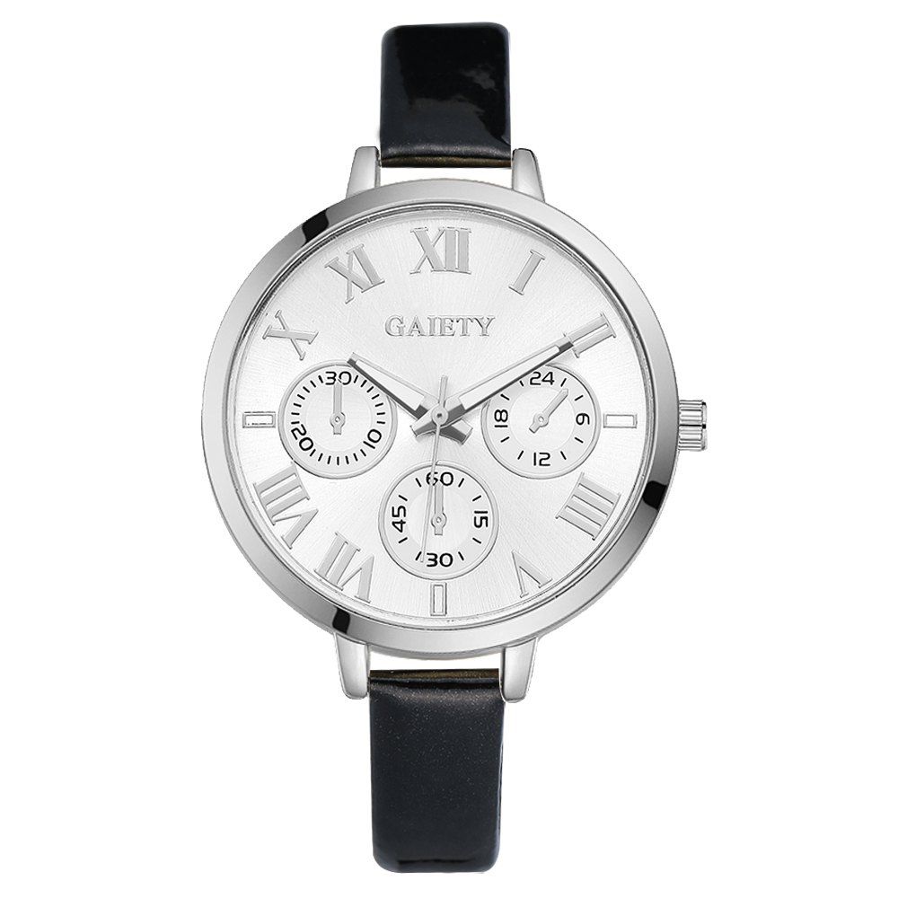 

GAIETY G226 Women Silver Dial Leather Bracelet Watch, Black