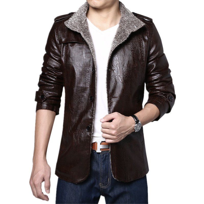 

Men Cashmere PU Leather Jacket Autumn Winter Coat, Brown