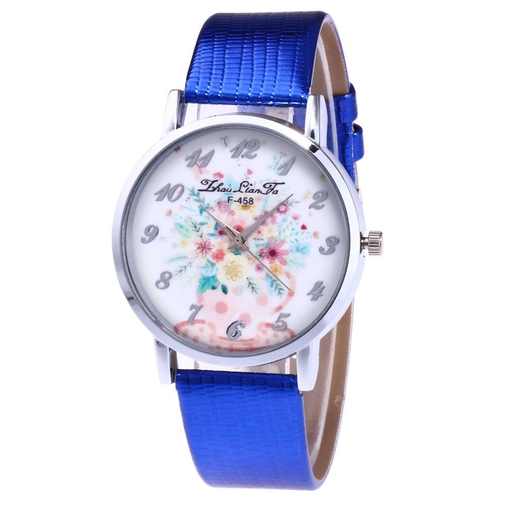 

ZhouLianFa Water Bottle Floral Pattern Women'S Watch Crocodile Pattern Strap Casual Watch with Gift Box, Blue