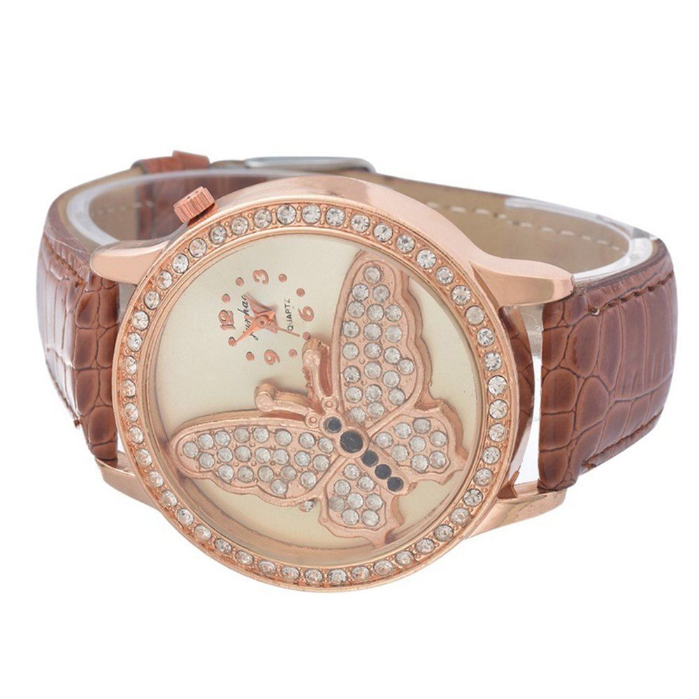 

Women Fashion Butterfly Analog Quartz Watch PU Leather Band Rhinestone Wrist Watch, Coffee