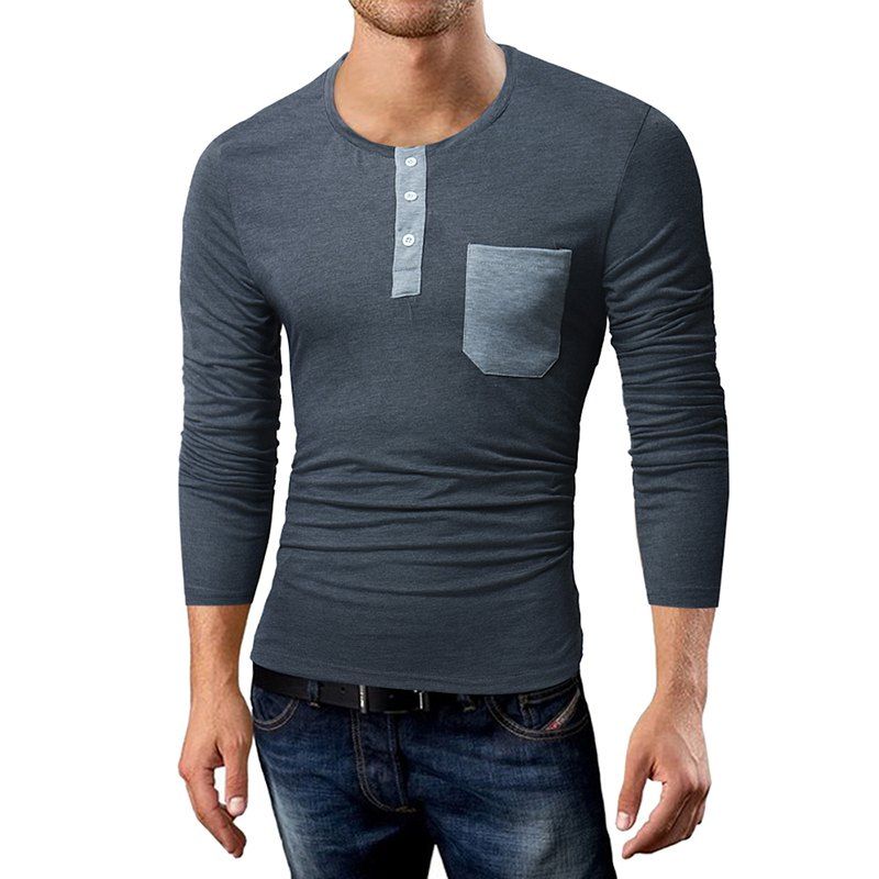

New Men'S Casual T-Shirt Pocket Spell Color Long-Sleeved T- Shirt, Deep gray