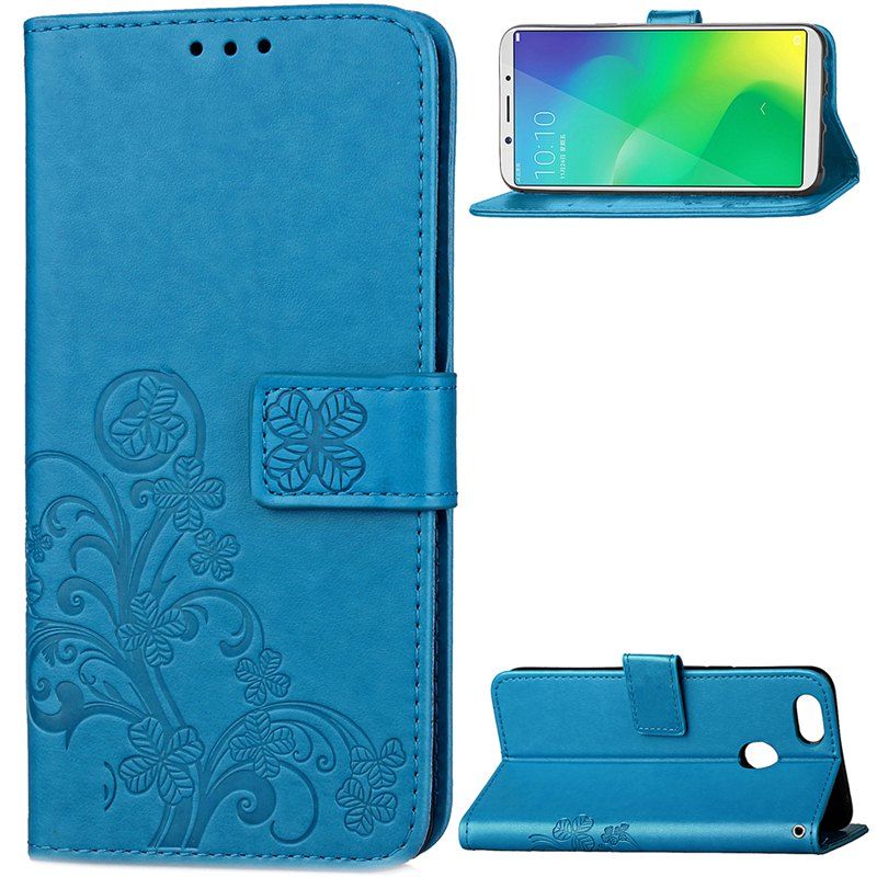 

Lucky Clover Embossed Leather Case Cover for Oppo F5, Blue