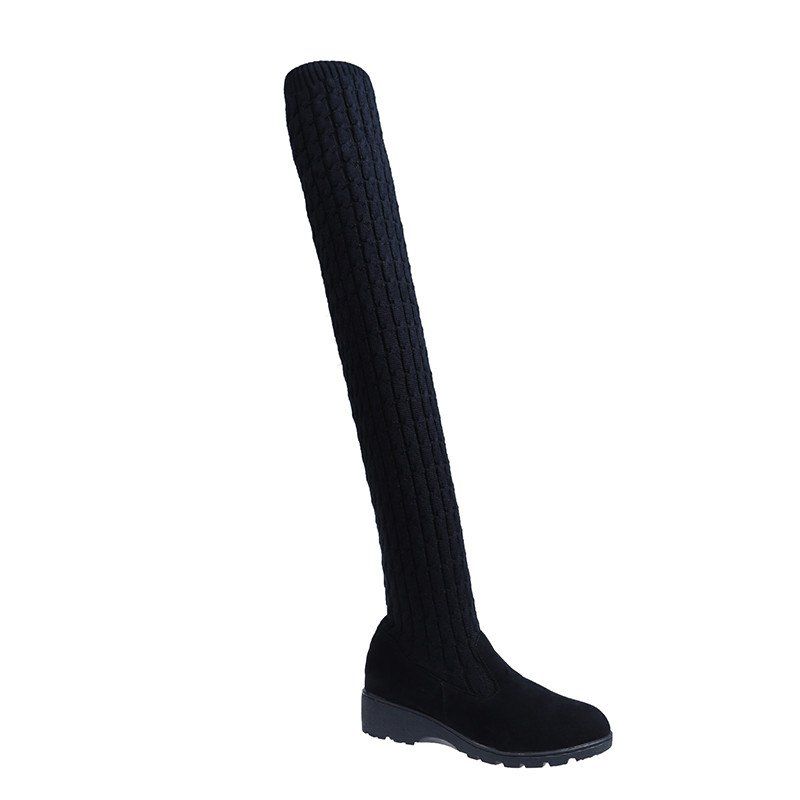 

Knitting Wool Flat-bottomed Thigh-high Boots, Black