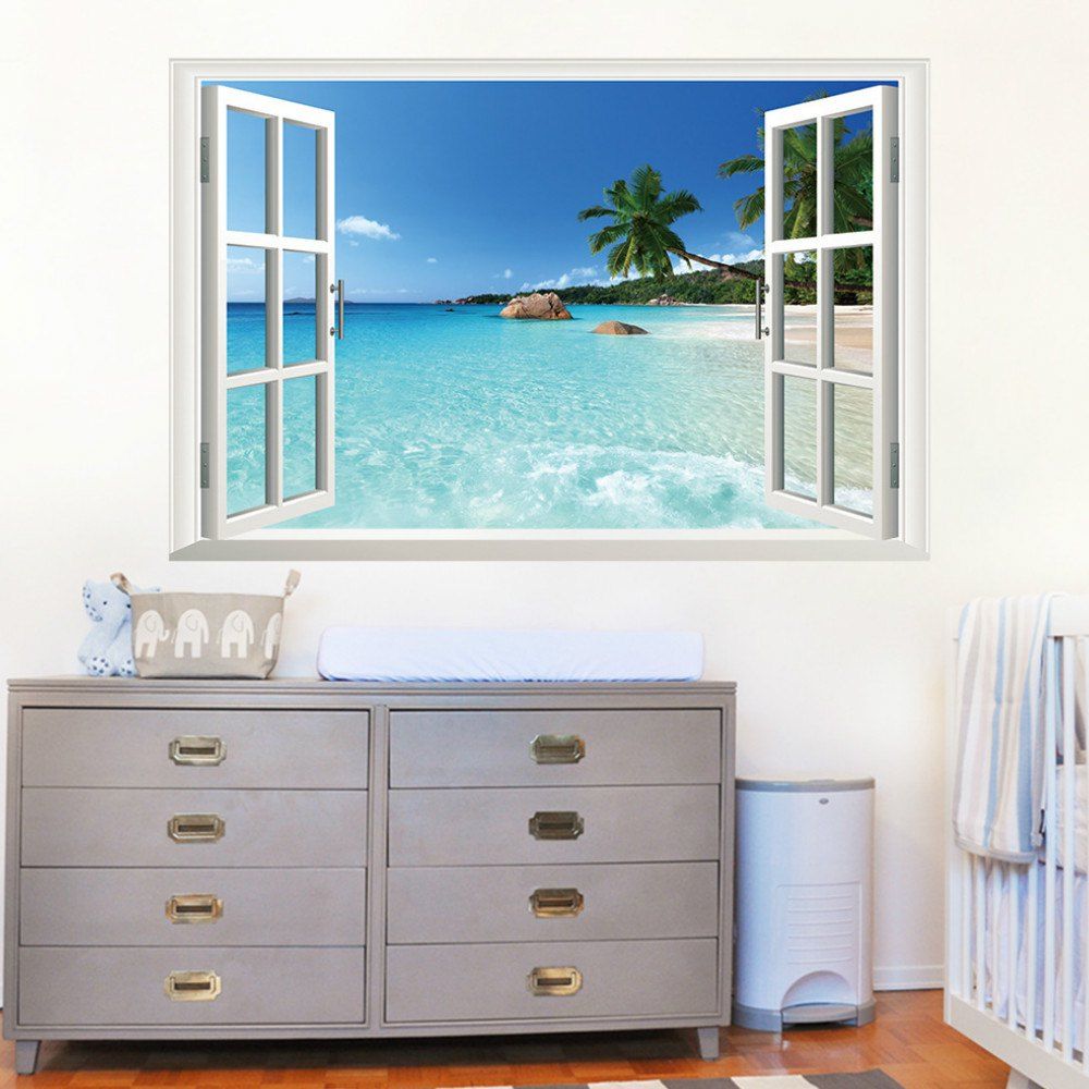 

3D False Seascape Bedroom Window Stickers Waterproof Decoration Bathroom Sticker, Blue