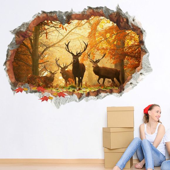 Salon d'autocollant de mur de forêt de wapiti de cerfs communs 3D démontable pour la décoration à la maison - Jaune 50X70CM