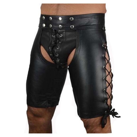 Men's Leather Bondage Shorts Sexy Shinny DS Punk Costume Pantalon Court - Noir 2XL