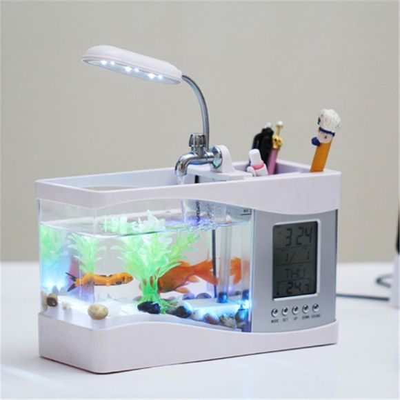 Usb Mini Aquarium Pour Bureau Aquarium  Éléctronique Mini Aquarium Avec Eau Courante Pompe LED Lumière Calendrier Horloge En Blanc - Blanc 