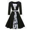 Robe imprimée à manches 3/4 pour femmes Hepburn des années 1950 à manches longues en coton - Noir M