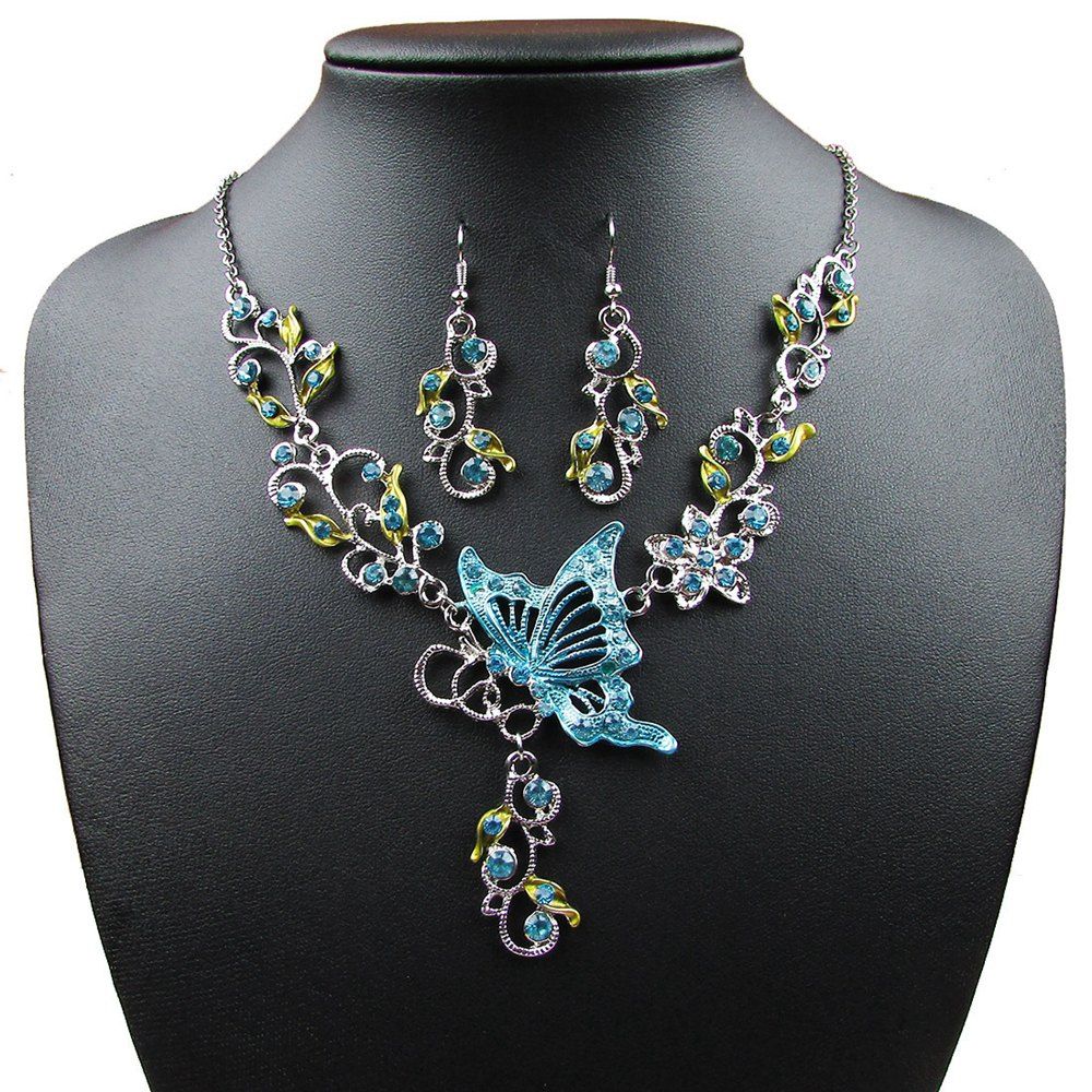 

Vintage Diamond Flower with Butterfly Pendants Necklace Earrings Collar Jewelry Gifts for Women, Blue