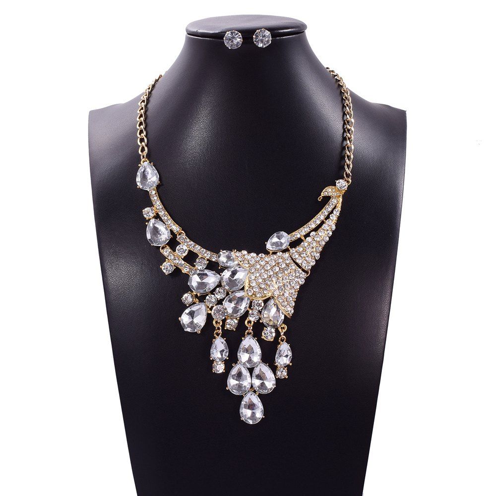 

Luxury Shining Diamond Peacock Pendants Necklace Fashion Choker Collar Jewelry Set Gifts for Women, White