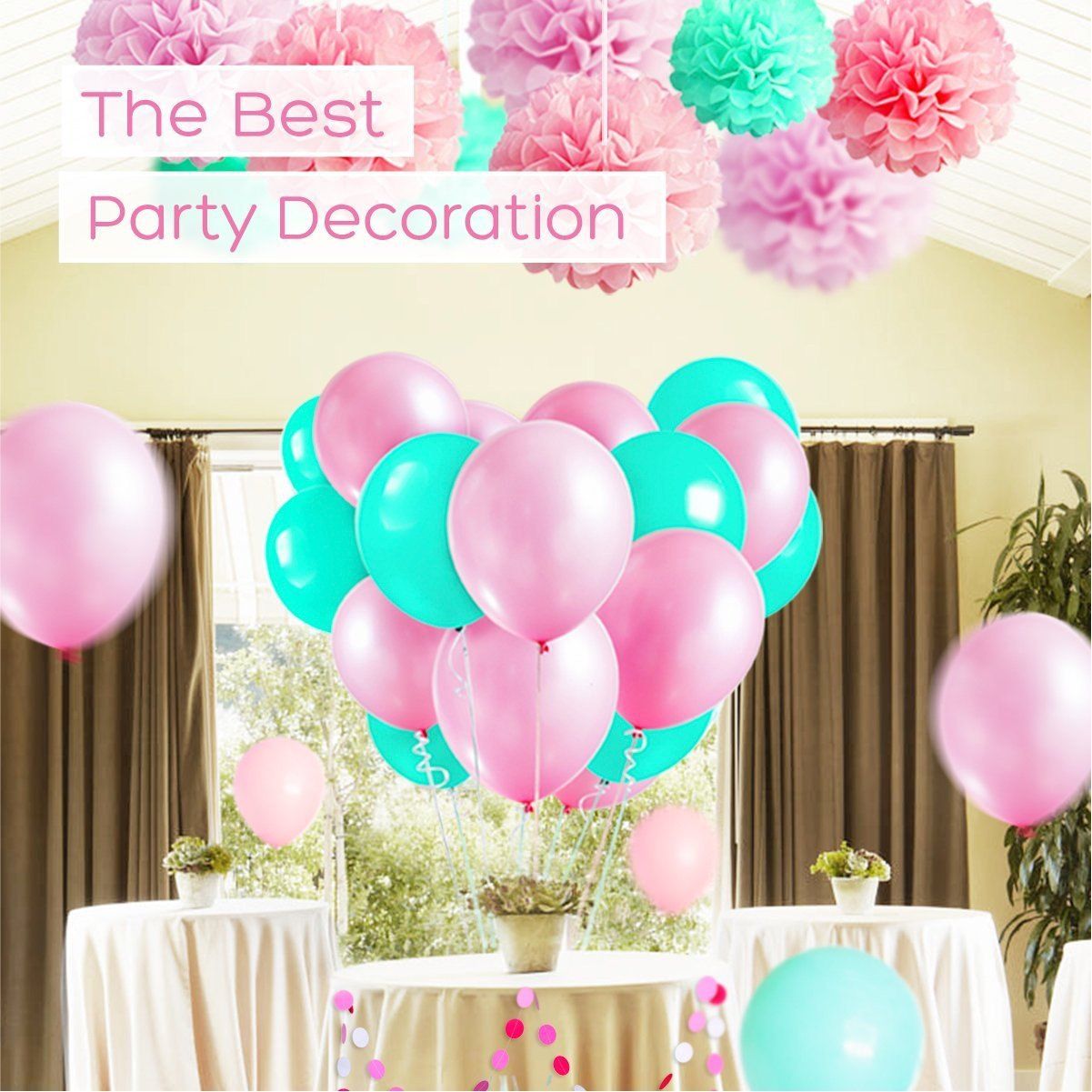 2019 40pcs Pink Mint Party  Balloons and Paper Pom Poms 