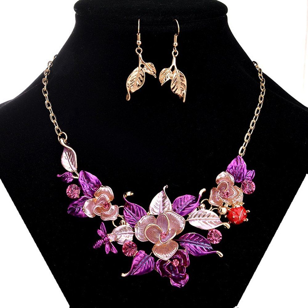 

Women Girls Leaves Pendant Necklace Earrings Set Metal Choker Collar Bride Fashion Jewelry Set, Purple