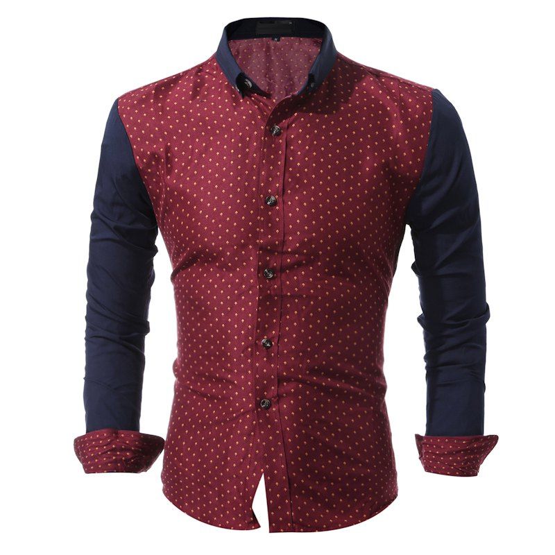 

Men Shirt Spring Long Sleeve Turn-Down Collar Dress Polka Dot Print Casual Shirt Men, Wine red