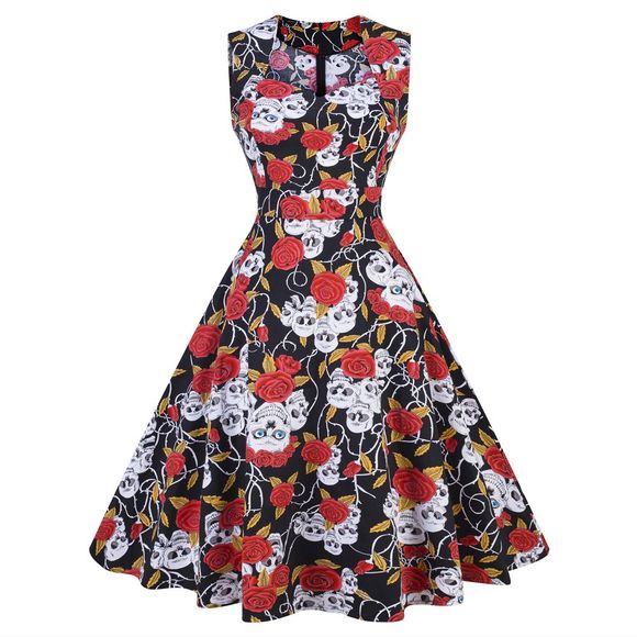 2018 été robe femmes en coton imprimé floral 50S 60S robe avec ceinture sans manches robes de soirée élégantes robe d'été - Noir / Rose 2XL